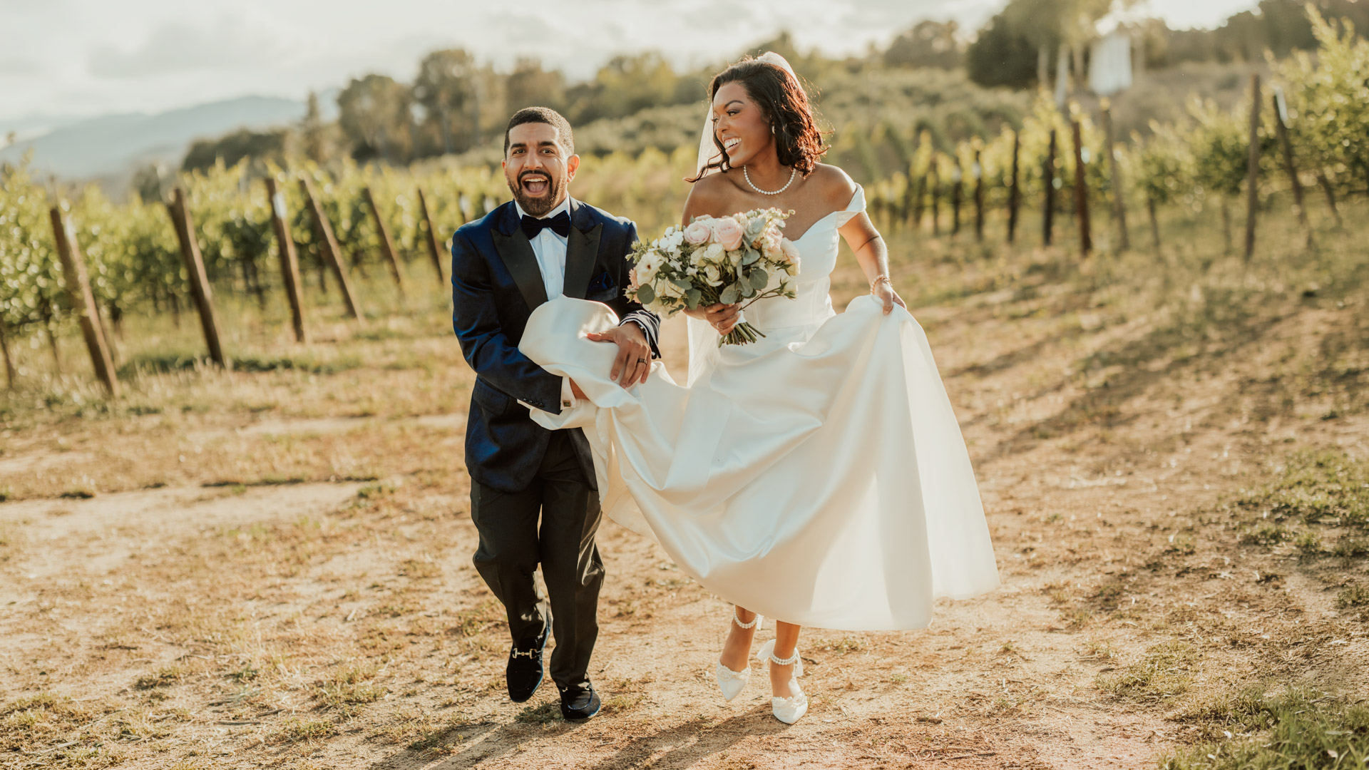 Wedding couple embrace