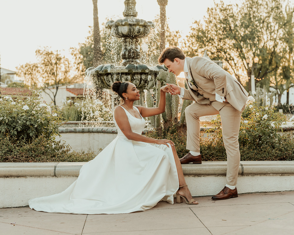 Wedding couple walking outdoors