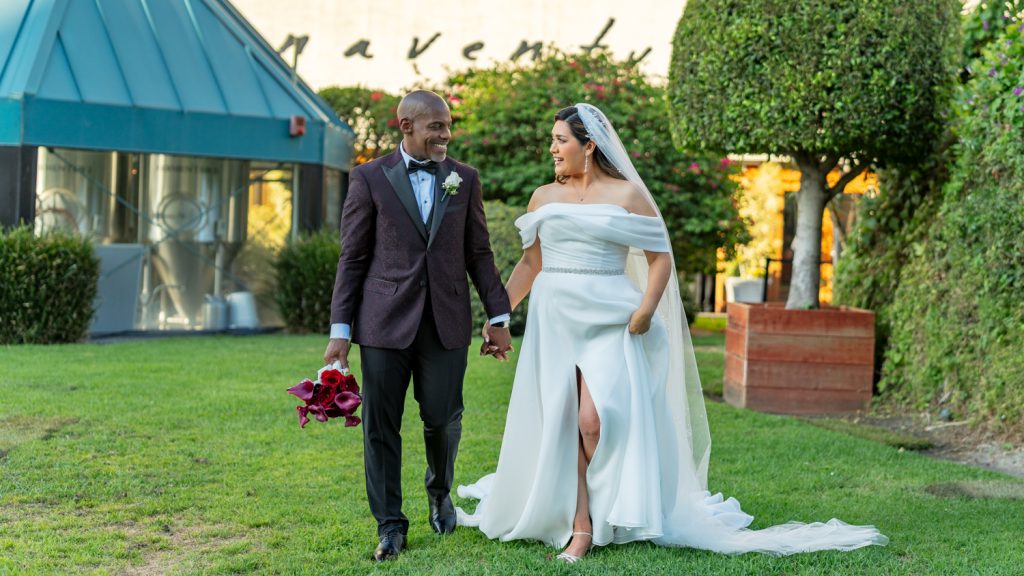 Bride and groom in a garden setting